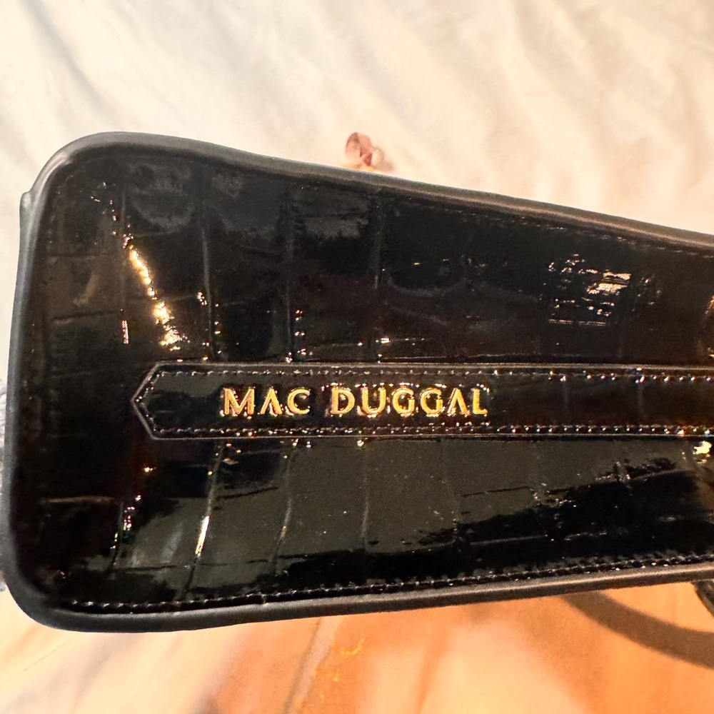 Mac Duggal Black Patent Croc-Embossed Clutch with Gold Logo